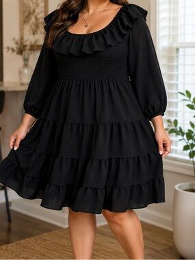 Plus Size Black Smocked Ruffle Tiered Dress